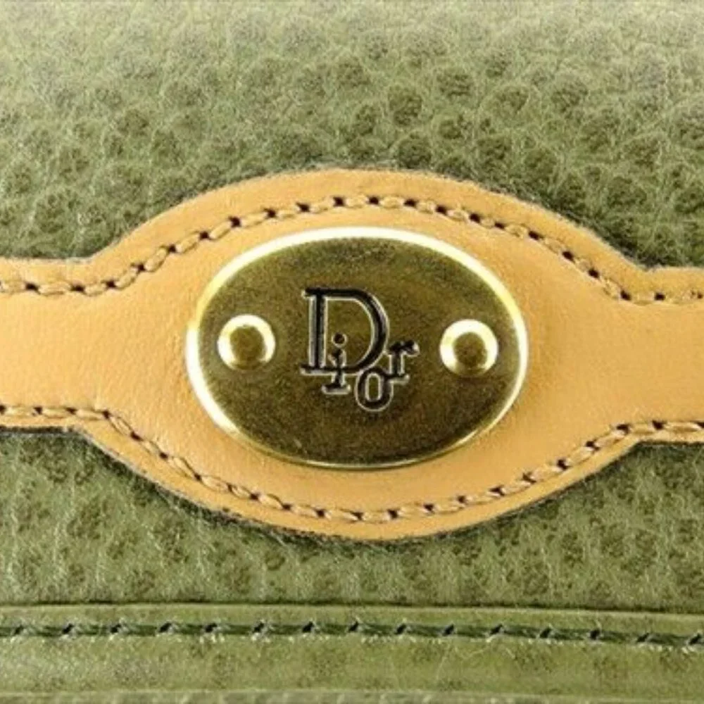 Dior Coin Purse Green Beige Gold leather Woman unisex Authentic Used T9388